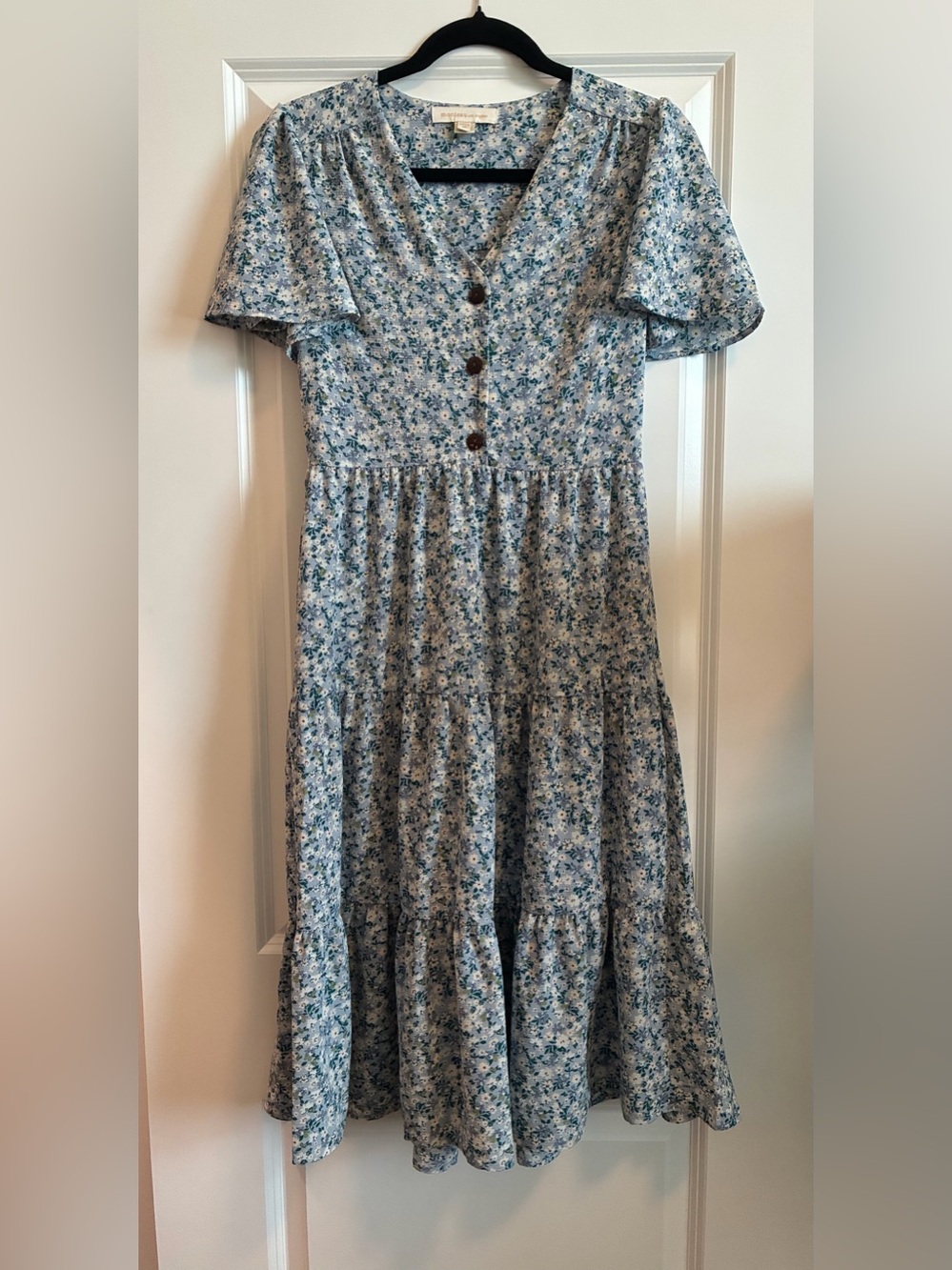 Monteau Light Blue Floral Tiered Midi Dress with Buttons